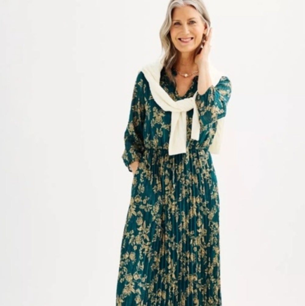 Croft & Barrow® Pleated Ruffle-Neck Floral Green‎ Dress with Tan Accents-2X